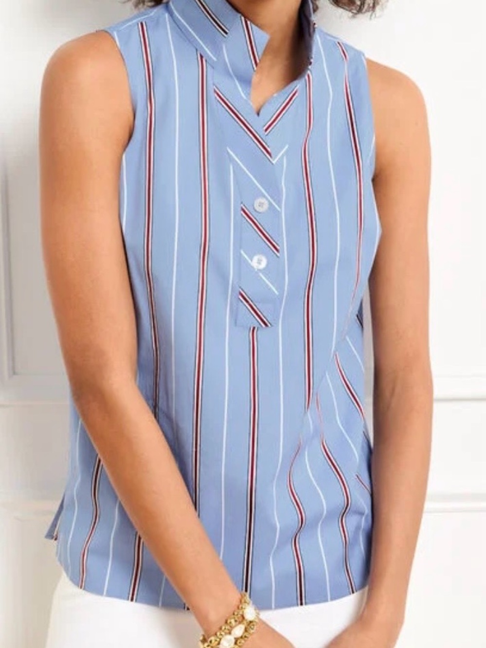 Talbots Blue Striped Sleeveless Half Button-Front Top